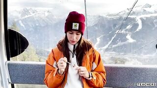 A naughty girl gets a blowjob from a stranger on the mountain cableway