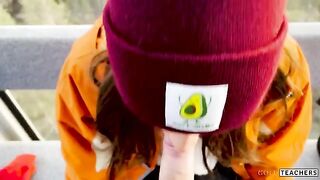 A naughty girl gets a blowjob from a stranger on the mountain cableway