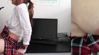 A schoolgirl got caught jerking off and was fucked by a teacher