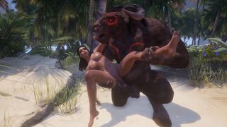 Girl with big boobs is fucked by two monsters